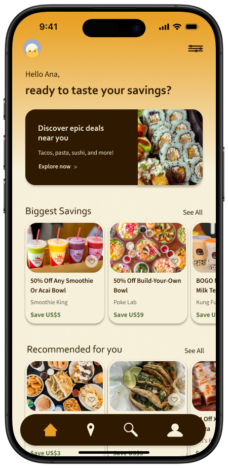 Home Screen Mockup **"The phone mockup showcases Cheepr's home screen, featuring a clean design with easy navigation, a search bar, and sections for exclusive student deals across categories like tech, food, and textbooks."**